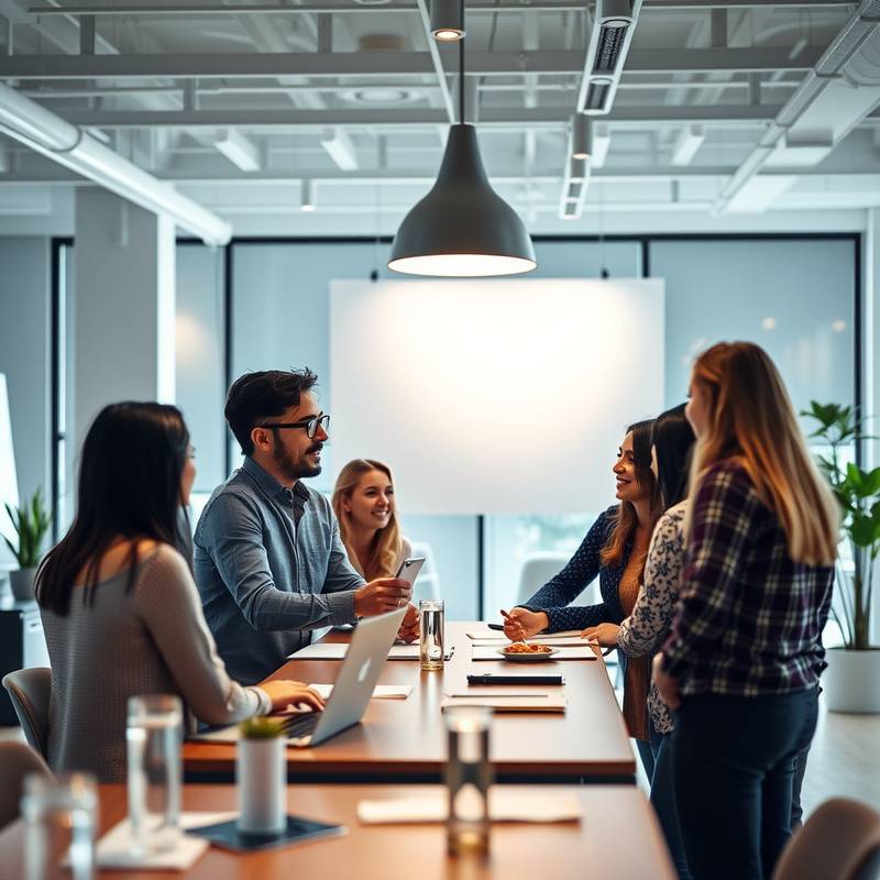 A group photo of the Luminary Design Studio team collaborating around a table, showcasing their teamwork.