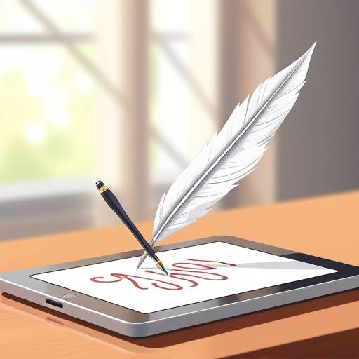 Content Creation Icon representing a quill writing on a tablet, symbolizing the blend of traditional writing with modern technology
