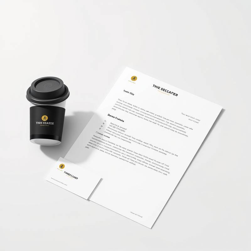 Mockup of various branded materials, including a business card, letterhead, and coffee cup, all featuring a cohesive brand identity.