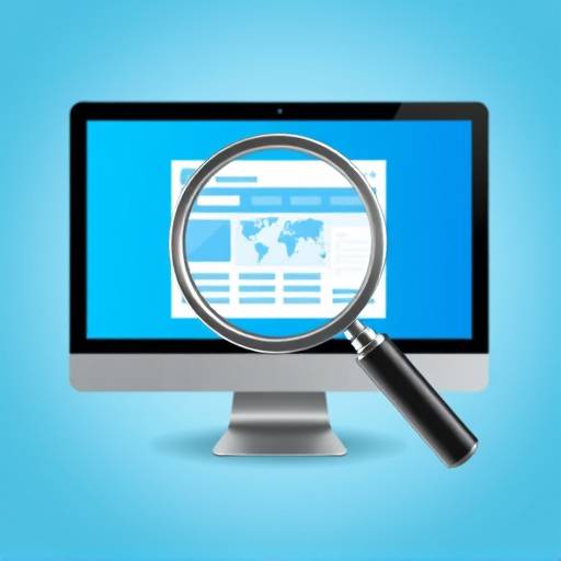 Web Design Icon representing a computer screen with a magnifying glass, symbolizing website optimization and usability